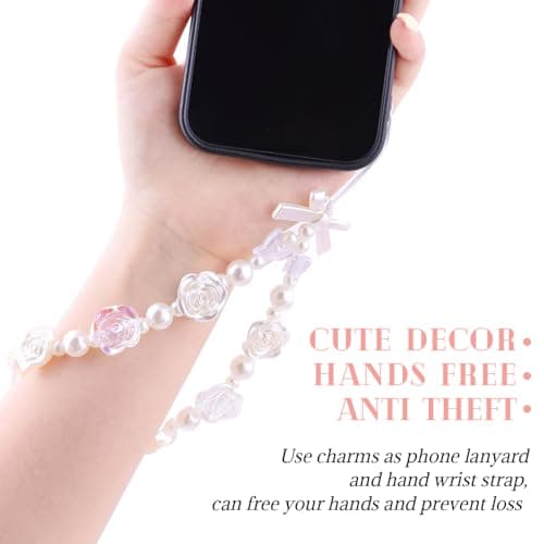 TINKRSTUFF 4 PCS Cute Phone Charms ABS Imitation Pearl Beaded Aesthetic Y2K Cellphone Wrist Strap Bedazzling Flower Bow Accessories Anti-Theft Chain String for Bag Keychain Airpods Camera Decor — view 3