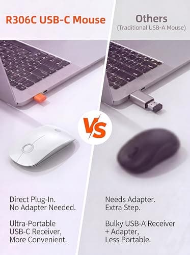 RAPIQUE R306C USB C Wireless Mouse for MacBook, Type-C 2.4GHz Portable Computer Mouse with USB-C Receiver, Silent Click, Slim Cordless Mouse, 3-Speed DPI, for iPad, Chromebook, Laptop, MacOS - White — view 2