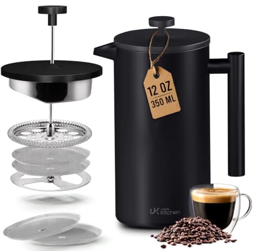 Utopia Kitchen 304 Grade Stainless Steel French Press Coffee Maker 12 Oz, Double Wall Insulated Coffee Press with 4-Level Filtration system, Include 2 Extra Filters, Rust-Free, Black