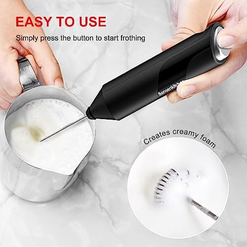 Bonsenkitchen Powerful Milk Frother for Coffee, Fast Handheld Drink Mixer with Stainless Steel Whisk, Battery Operated Hand Frother Stirrer Wand - Black — view 2