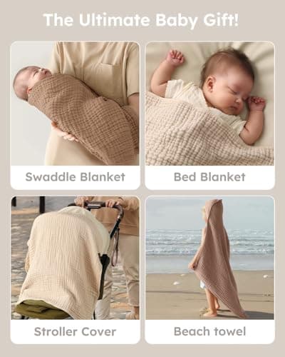 Yoofoss Hooded Baby Towels for Newborn 2 Pack 100% Muslin Organic Cotton Baby Bath Towel with Hood for Babies, Infant, Toddler and Kids, 32x32Inch, Soft and Absorbent Newborn Essential, Beige&Coffee — view 4