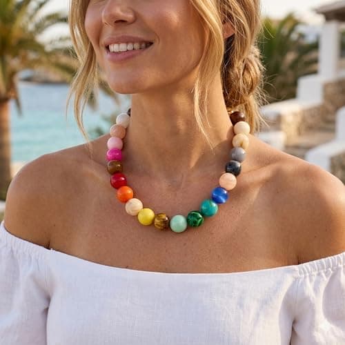 WOWORAMA Colorful Chunky Necklaces for Women Oversized Multicolor Resin Beads Choker Necklace Large Bold Statement Beads Ball Necklace Boho Holiday Jewelry