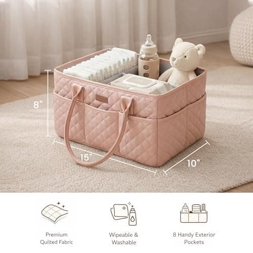 Konssy Quilted Diaper Caddy Organizer, Diaper Caddy Basket with PU Leather Handles, Water-Repellent Nursery Storage Basket, Portable Car Organizer, Registry Search Must Haves (Blush Pink) — view 5