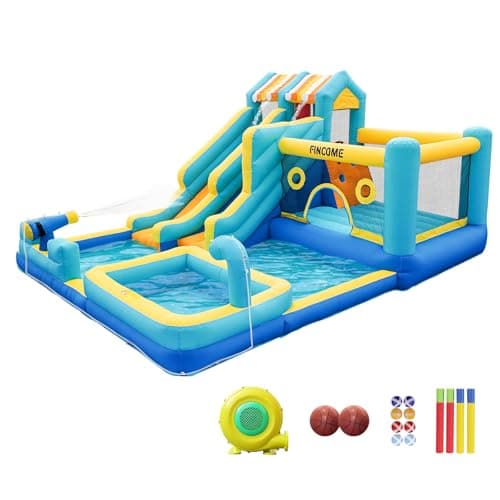 FINCOME Inflatable Bounce House, 10 in 1 Double Water Slide Bounce House with 750W Blower, Climbing Wall, Jumping, Water Gun, Splash Pool, Basketball Hoop for Kids Indoor Outdoor Backyard — view 8