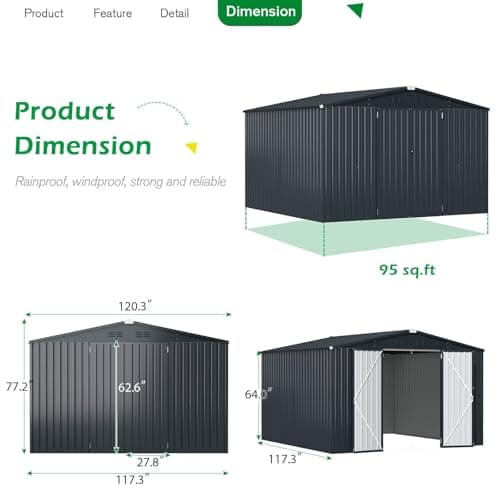 U-MAX Shed 10'x10' Storage Sheds, Large Metal Storage Sheds & Outdoor Clearance, Steel Backyard Shed with Lockable Doors, Utility and Tool Storage for Garden, Patio in Dark Grey — view 3