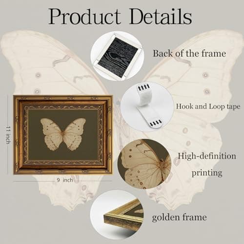 Vintage Gold Framed Wall Art Classical White Butterfly Wall Art Small Moody Insect Green Wall Decor Picture Antique Cottagecore Moth Gallery Aesthetic Poster Print for Living Room Bedroom 9x11in