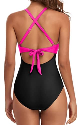 Eomenie Women's One Piece Swimsuits Tummy Control Cutout High Waisted Bathing Suit Wrap Tie Back 1 Piece Swimsuit Hot Pink Black — view 2