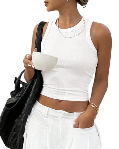 RIROW Tank Tops Women Ribbed Crop Summer Cropped Sleeveless White Basic Fitted Crew Neck Ladies Tee White 2026 New