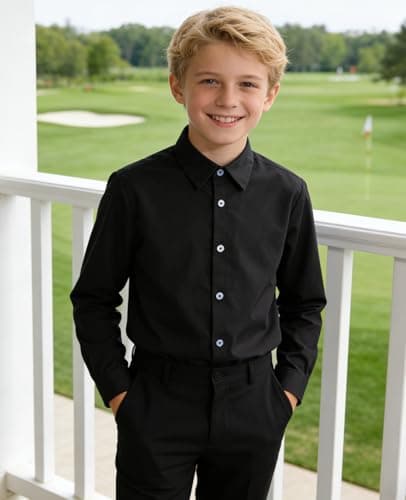 Kinberr Boys Girls Black Long Sleeve Dress Shirt Formal Button Down Uniform Shirt for Casual Wear — view 2