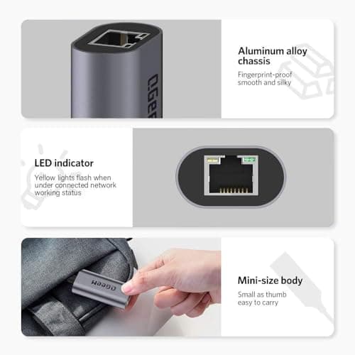 QGeeM USB C to Ethernet Adapter, 1000Mbps Gigabit RJ45 LAN Network Dongle, Thunderbolt 5/4/3 Compatible, Braided Nylon Aluminum Case for iPhone 17/16/15 Pro Max, MacBook Pro/Air M3/2, iPad, XPS - Gray — view 4