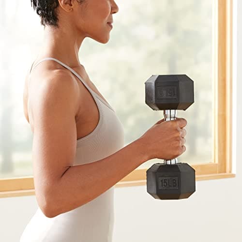 Amazon Basics Rubber Hex Dumbbell Hand Weight with Comfortable Grip for Home and Gym, 15 Pounds, Single — view 6
