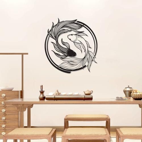LWHZHE Metal Wall Decor - Japanese Style Wall Decoration Black Zen Wall Art Asian Room Decor for Living Room, Bedroom, Dining Room (Koi Fish)