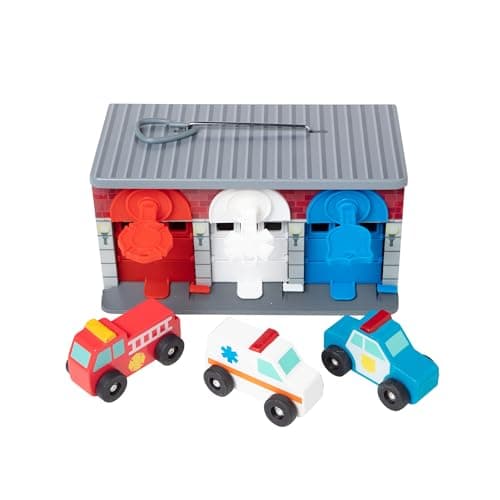 Melissa & Doug Toy Keys and Cars Wooden Rescue Vehicles and Garage (7 pcs) Toddler Pull Back Toys, Toy Garage for Kids Ages 3+ — view 3