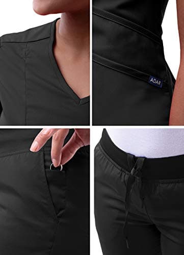 Adar Pro Core Classic Scrub Set for Women - Tailored V-Neck Scrub Top & Tailored Yoga Scrub Pants - P9100P - Black - XXS — view 4