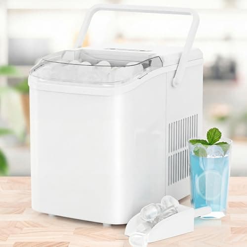 KMFurnila Ice Makers Countertop, Portable Ice Machine with Handle, 6 Mins 9 Bullet Ice Cubes with Basket and Scoop, 26lbs in 24Hrs, Auto-Cleaning, for Home, Kitchen, RV, Camping, White — view 7