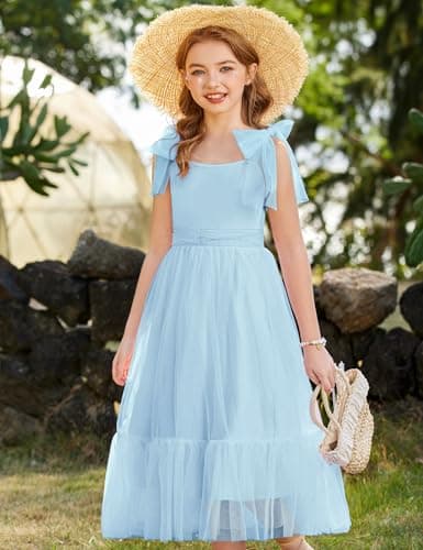 Arshiner Girls Dresses Summer Sleeveless Bow-Tie Straps Birthday Party Long Tulle Dress Light Blue Tween 9-10 Years — view 5