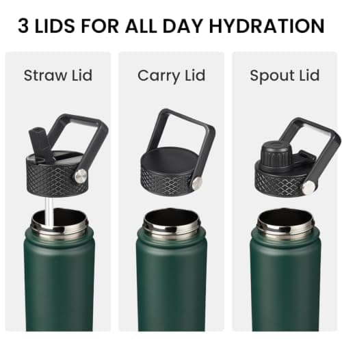 Konokyo 18 oz Insulated Water Bottle Stainless Steel Sport Bottles with 3 Lids,Army Green — view 3