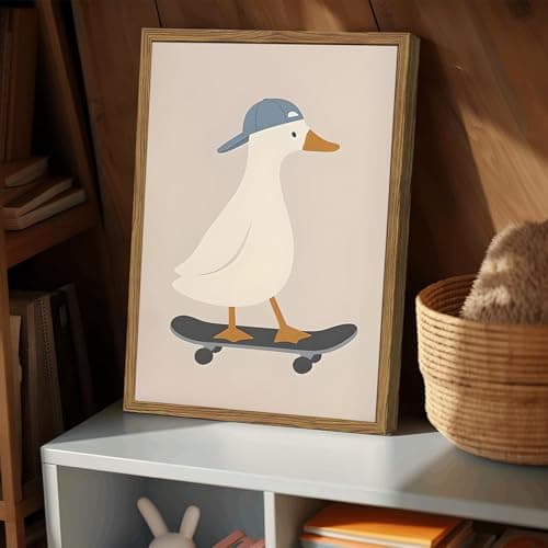 Cute Goose Wall Art Funny Silly Goose Skateboard Wall Decor Painting Whimsical Duck Poster Canvas Print Picture for Living Room Bedroom 12x16 inch Wood Framed — view 6