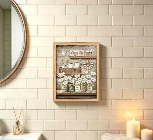 Framed Farmhouse Bathroom Canvas Wall Art Vintage Country Daisy Butterfly Painting Picture Wall Decor Retro Inspirational Quotes Floral Poster Print Artwork for Restroom Bedroom Living Room — view 6