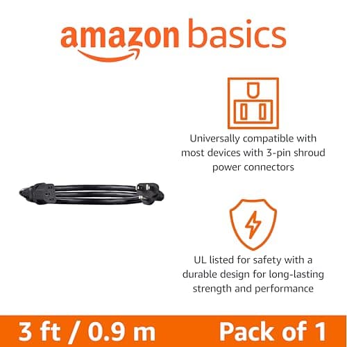 Amazon Basics PC Power Cord, 3 Feet, 3 Prong AC Power Cord for Monitor, Computer, TV, 18 AWG, 125 Volts, Black