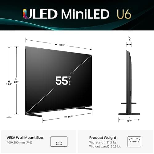 Hisense 55" Class U6 Series Mini-LED 4K UHD Smart Fire TV (55U65QF, 2025 Model) - QLED, Native 144Hz, HDR10+, Dolby Vision IQ, Dolby Atmos, Game Mode Pro, ALLM, Alexa Built in, Black — view 2
