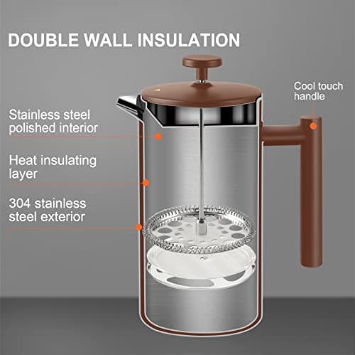 Secura French Press Coffee Maker, 304 Grade Stainless Steel Insulated Coffee Press with 2 Extra Screens, 34oz (1 Litre), Coffee — view 4