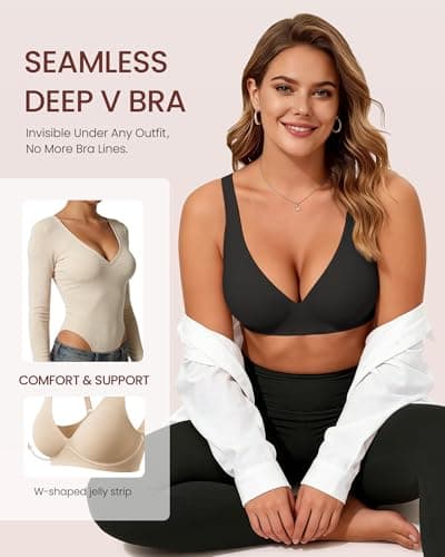 Vinfact Jelly Wireless Bras for Women Seamless Deep V Bralette No Underwire Support Comfortable T-Shirt Bra Black Nude White M — view 3