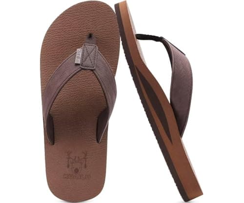 KuaiLu Men's Leather Flip Flops Arch Support Summer Beach Pool Water Thong Sandals Waterproof Rubber Walking Shoes Slip on Orthotic Casual Sport Cushioned Wide Slides Shower Slippers Coffee Size 10