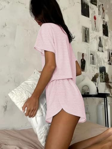 Ekouaer Womens Striped Pajama Sets Sexy Lounge Sets Side Split Short Pj Sets Cute Pjs 2 Piece Comfy Sleepwear Loungewear Pink and White Stripes Medium — view 2