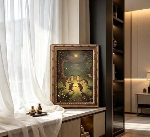 Vintage Gold Framed Frog Wall Art,Frogs Dancing in Moonlight Forest Painting Canvas Prints,Whimsical Animal Wall Decor,Retro Country Toad Poster Artwork for Corridor Living room Bedroom Kitchen — view 7