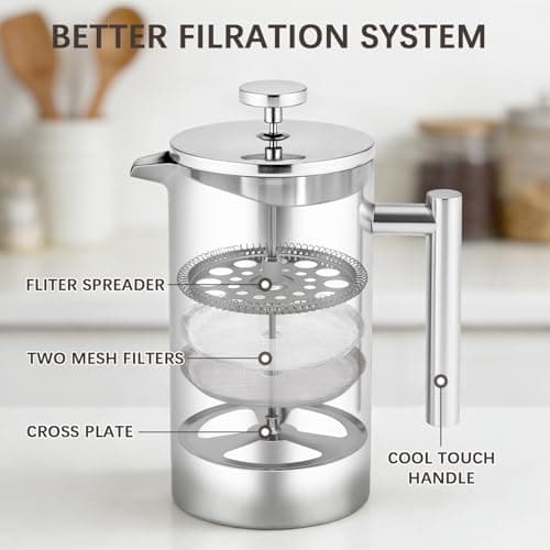 CAOANTRY French Press Coffee Maker, 304 Grade Stainless Steel French Press with 2 Extra Filters for Home, Office, Travel, Camping - 34OZ/1 Litre (Sliver) — view 2