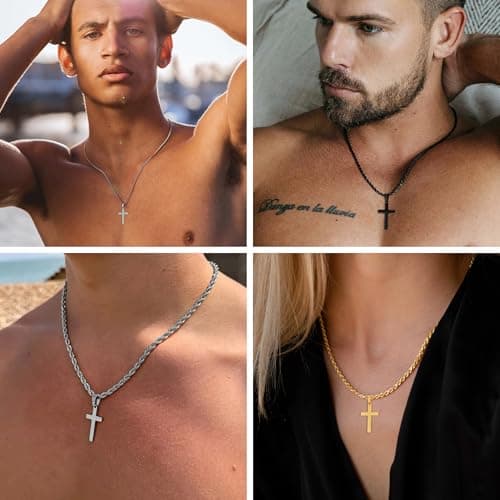 HEYOLL Cross Necklace for Men Silver Cross Chain Pendant Necklace for Mens Gifts Christian Father's Day Jewelry Gifts for Him 18inch