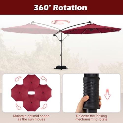Tangkula 10ft Solar Patio Umbrella with Base Included, Offset Cantilever Outdoor Umbrella with 32 LED Lights, Infinite Tilt, 360 Degree Rotation, Crank Handle for Pool Deck Garden Backyard (Wine) — view 3