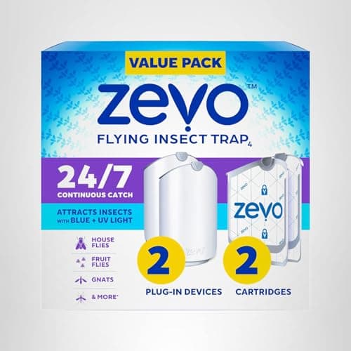 Zevo Flying Insect Traps - Plug-in Indoor Fly Trap and Bug Light Trap Refill with Blue and UV Light - No-Mess Cartridge for House Flies, Fruit Fly Trap and Gnats (2 Plug-in Bases and 2 Cartridges) — view 9