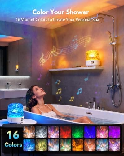 Relaxing Shower Light with Music Speaker, Waterproof Shower Lamp with White Noise, 16-Color Ocean Wave Projector Light with Remote & Touch Control, Rechargeable Bathroom Lamp for Shower & Bathtub — view 4