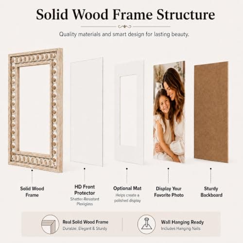 QOTIB Solid Wood 8.5x11 Picture Frame Beaded Frame with 6x8 Mat, Rustic Vintage 8.5 by 11 Photo Frame Matted with Plexiglass for Tabletop or Wall Display, Rustic White — view 3