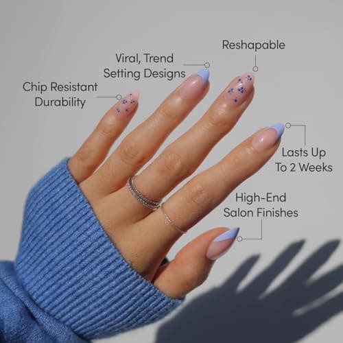 Glamnetic Press On Nails - Bluebelle | Short Almond Fake Nails with Pale Blue French Tips & 3D Blueberry Accents on Semi-Sheer Base, Glossy Finish, Salon Quality | 15 Sizes - 30 Nail Kit with Glue — view 2