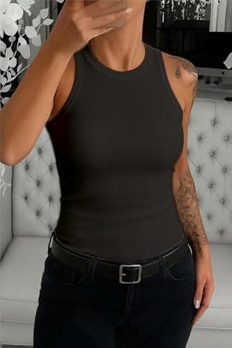 ZAWAPEMIA Women Tank Tops Round Neck Sleeveless Cami Shirt Slim Solid Ribbed Tank Top M Black — view 3