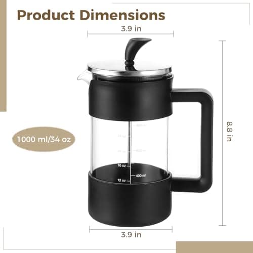 Press Coffee Maker, 34 oz Heat Tolerant Thickened Borosilicate Glass Coffee Pot, Tea Maker with Fine 80 Mesh Filter and No drip Spout, Large Capacity Brewer for Home and Office — view 2