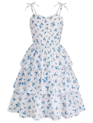 HOZIY Girls Dresses Size 10-12 Tween Summer Spring Easter Short Sundress Teen Semi Formal Party Layered Swing Flowy Boho White Blue Floral Cami Dress
