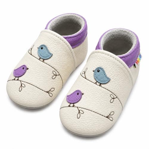 Yalion Soft Sole Leather Baby Shoes First Walking Slippers Cartoon Birds Toddler Infant Shoes(6-12 Months,White)
