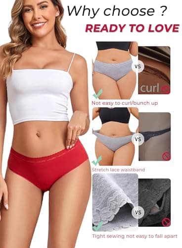 READY TO LOVE Cotton Underwear Womens Sexy Panties Lace Waistband Full Coverage Briefs Ladies Bikini Hipster 6 Pack — view 5