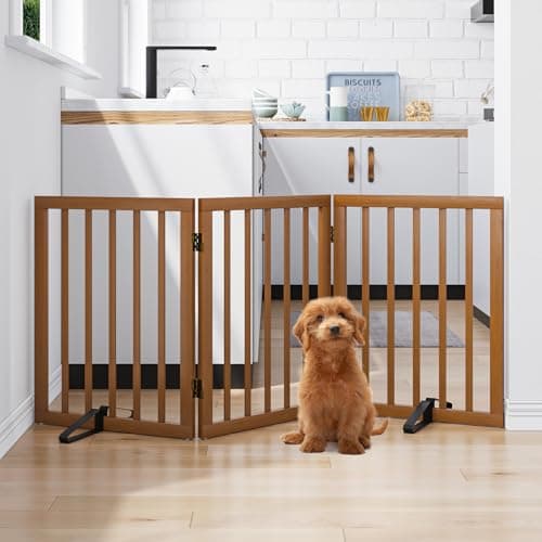 Freestanding Pet Gate Foldable Dog Gate (55 inches Wide) Walnut Bamboo Door Gates for Stair Doorways House Dog Fences Indoor (2 Support Feet Included) — view 2