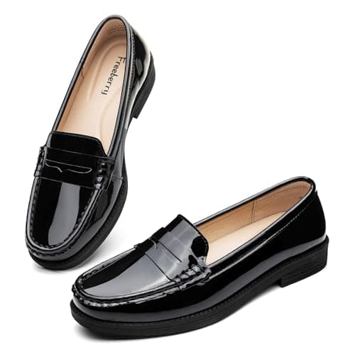 Freeberry Women's Comfortable Leather Penny Loafers Slip On Business Casual Dress Shoes Lightweight Office Work Flats Everyday Walking Shoes for Women, Black Patent, 7.5 M US — view 7