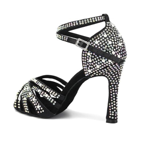 JUODVMP Women's Latin Salsa Dance Shoes Satin with Rhinestones Braided Ballroom Shoes Model L506, L506-black-4" Heel, 7 — view 4