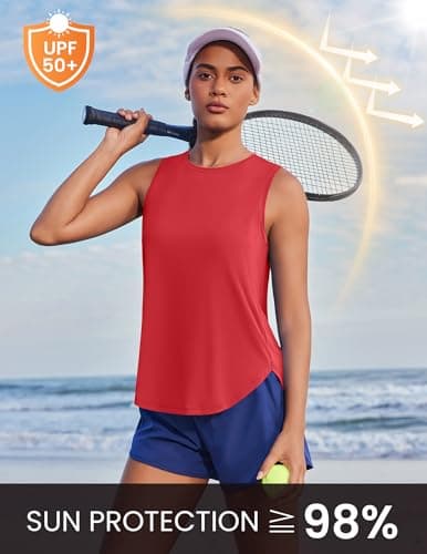 PINSPARK Women's Workout Tank Tops Back Pleat Loose Fit Sleeveless Yoga Athletic Shirts Soft UPF 50+ Cooling Running Gym Tops, Red, Medium — view 3