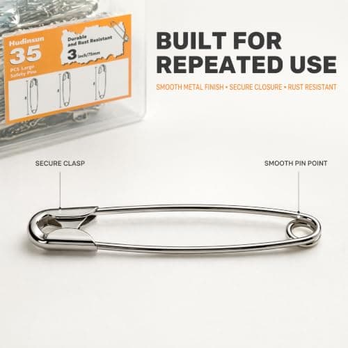 Hudinsun 35 Pack 3 Inch Large Safety Pins, Heavy Duty Laege Safety Pins for Clothes, Sewing and Craft, Silver — view 3