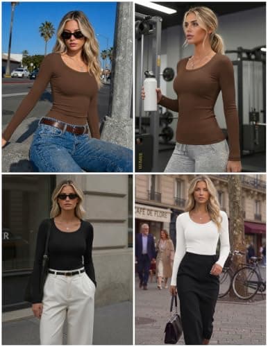 Ekouaer Women's 3 Pack Thermal Undershirts Ribbed Round Neck Tops Long Sleeve Base Layer Shirts Fitted Stretch Tshirt 2025 Trendy Black/White/Dark Grey L — view 5