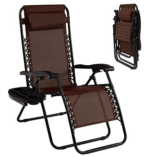 Goplus Zero Gravity Lounge Chairs, 160°Adjustable Folding Recliner w/Pillow and Cup Holder, 350LBS Comfy Outdoor Lounge Chairs for Patio, Lawn, Yard & Camp(1, Brown)