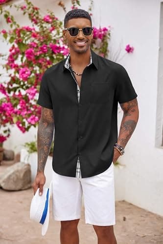 COOFANDY Men's Button Down Shirts Short Sleeve Casual Shirts Summer Beach Shirts Vacation Wedding Shirts with Pocket Black